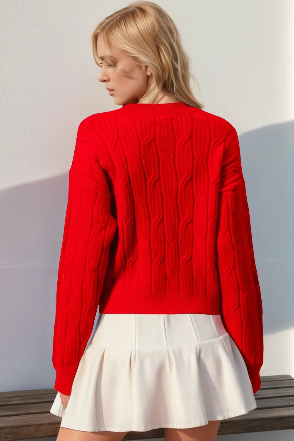 Double Take Full Size Bow Cable - Knit Round Neck Sweater designed for comfort and style at Lookzlike