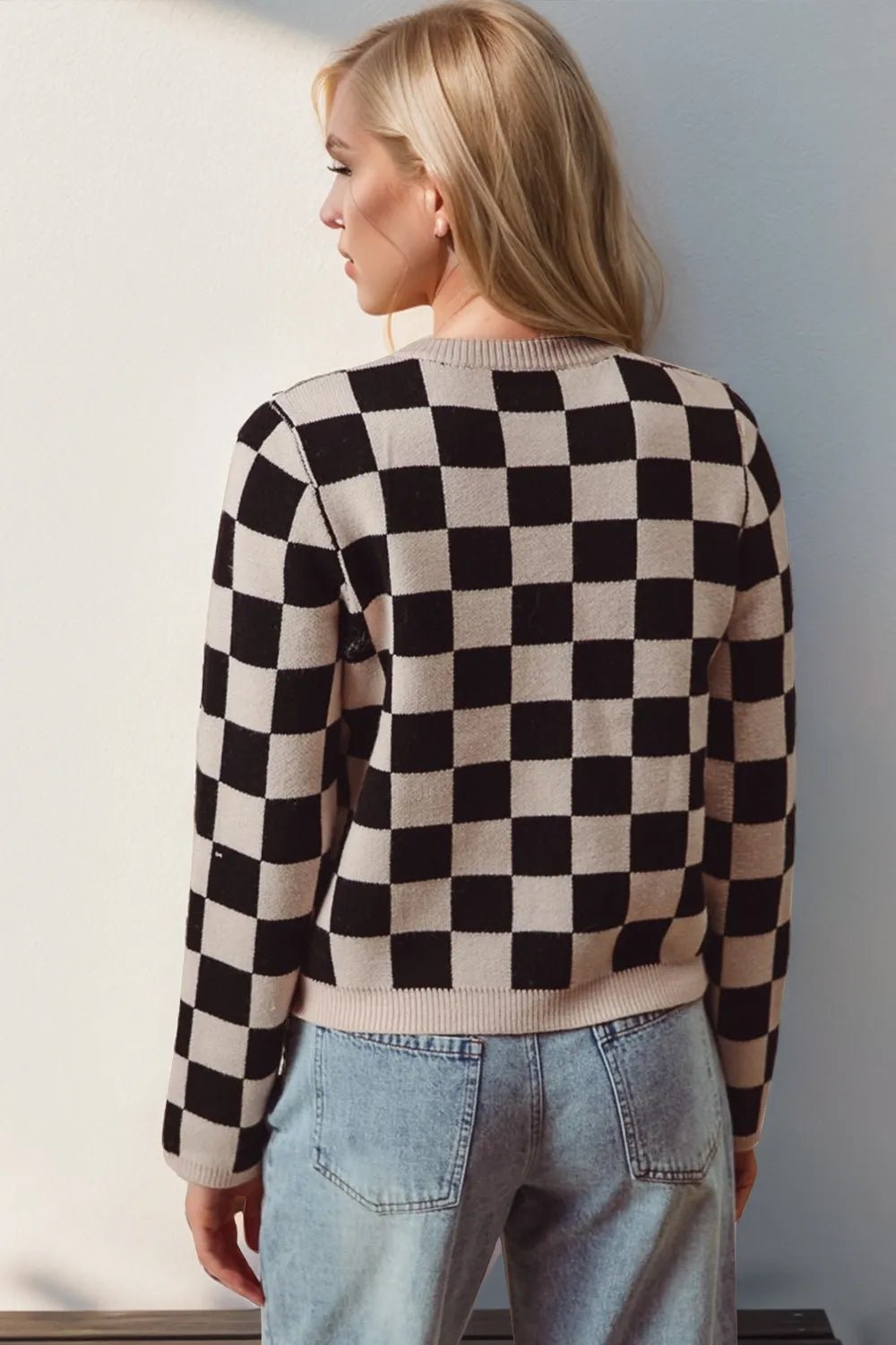 Double Take Full Size Checkered Tie Front Long Sleeve Cardigan - Lookzlike