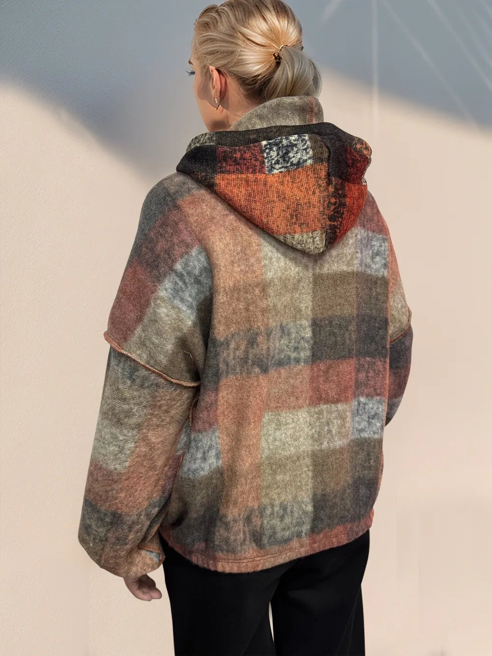 Double Take Full Size Half Zip Exposed Seam Fleece Hoodie designed for comfort and style at Lookzlike