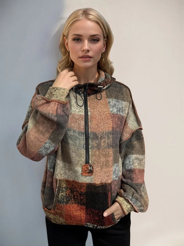 Double Take Full Size Half Zip Exposed Seam Fleece Hoodie designed for comfort and style at Lookzlike