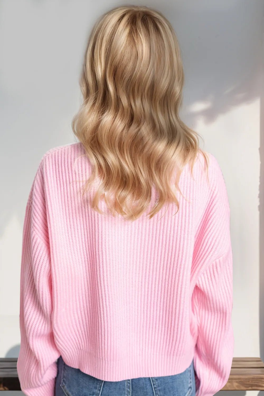 Double Take Full Size MERRY & BRIGHT Christmas Dropped Shoulder Cropped Sweater designed for comfort and style at Lookzlike
