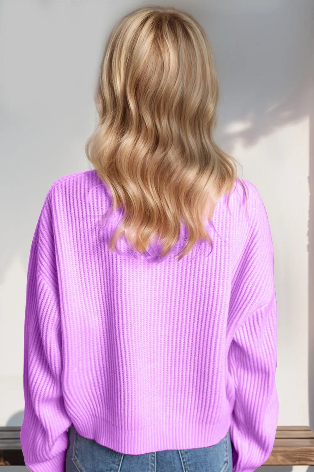 Double Take Full Size MERRY & BRIGHT Christmas Dropped Shoulder Cropped Sweater designed for comfort and style at Lookzlike