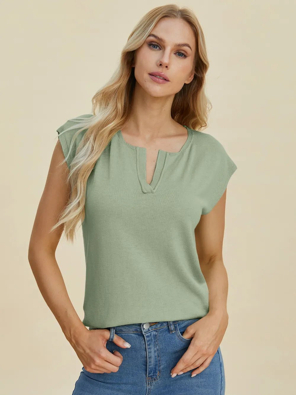 Double Take Full Size Notched Cap Sleeve Knit Top - Lookzlike