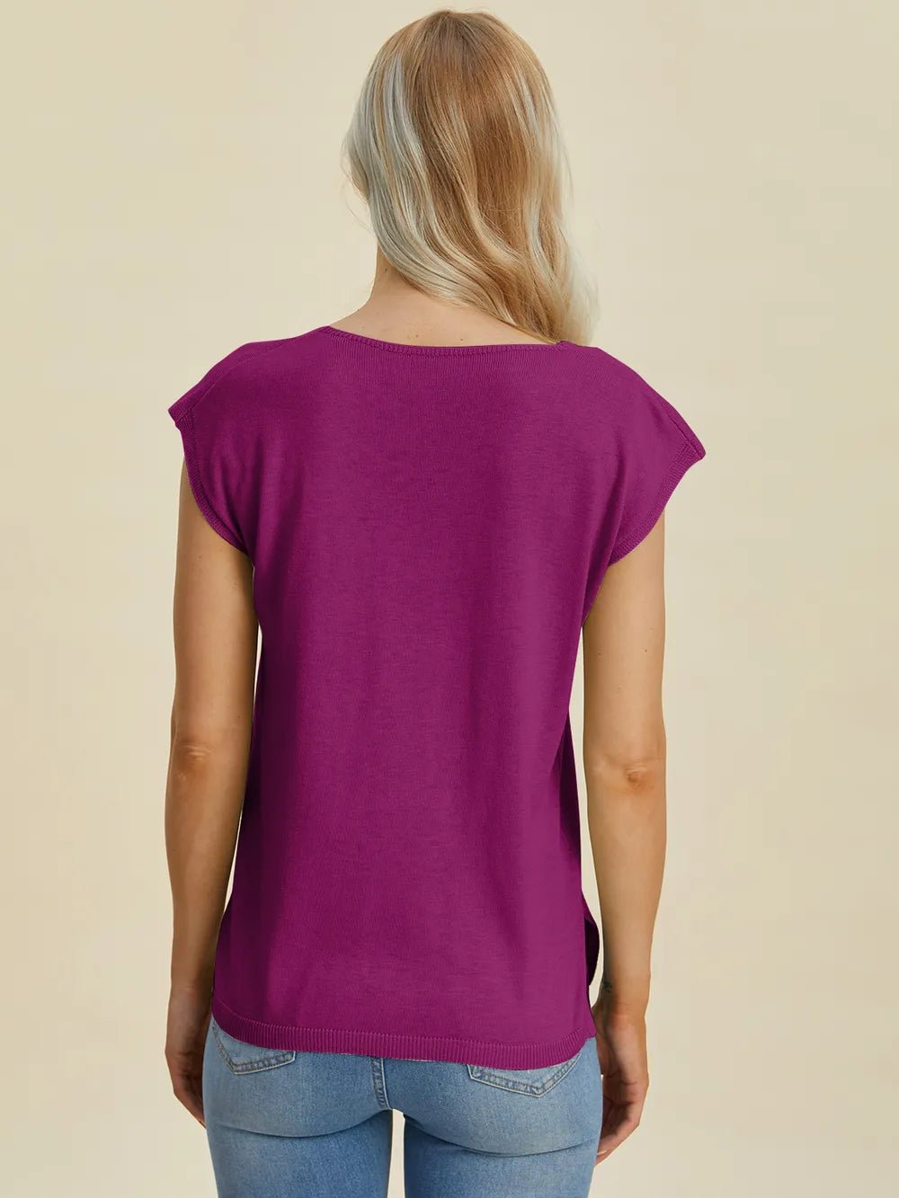 Double Take Full Size Notched Cap Sleeve Knit Top - Lookzlike