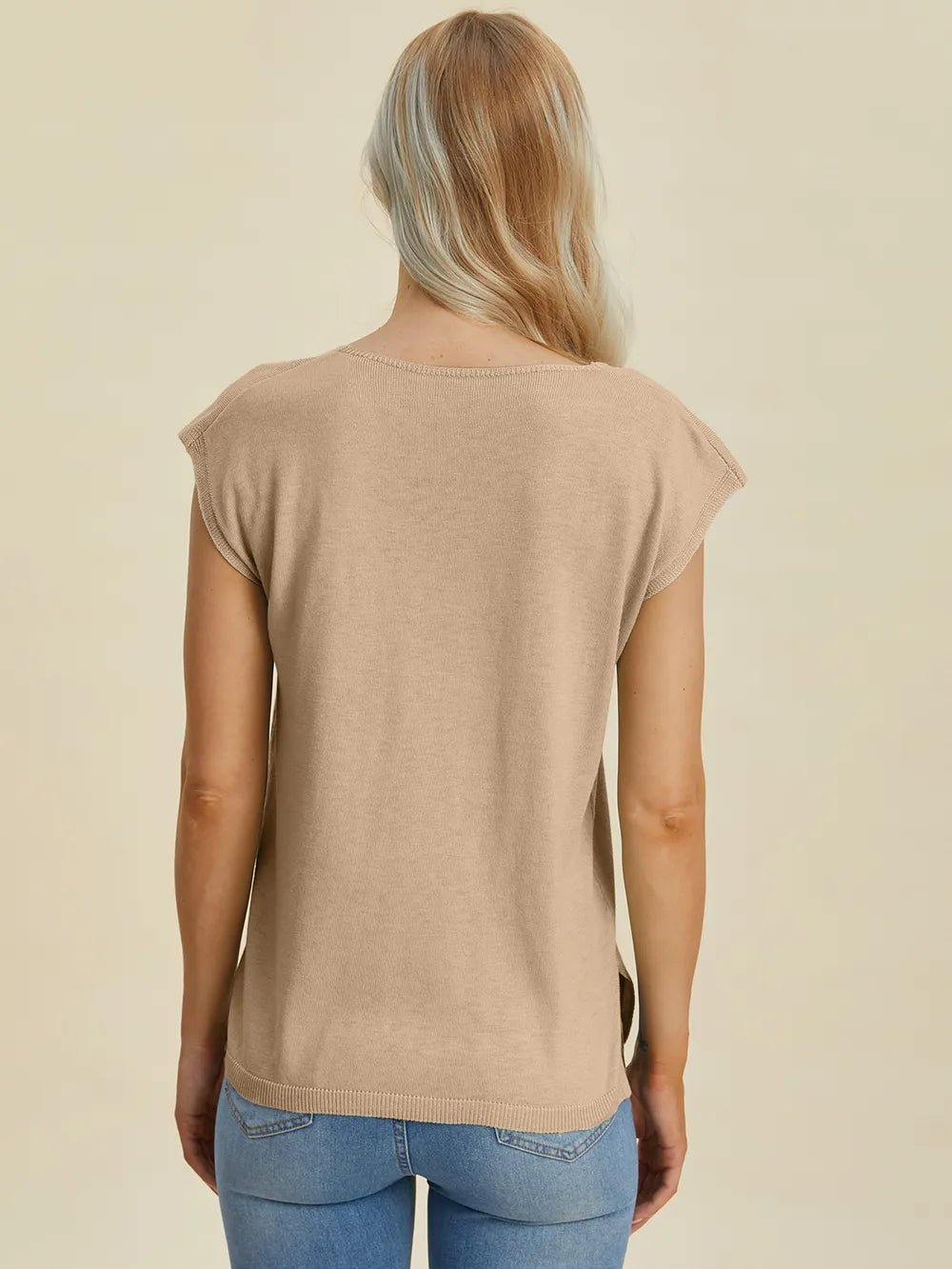 Double Take Full Size Notched Cap Sleeve Knit Top - Lookzlike