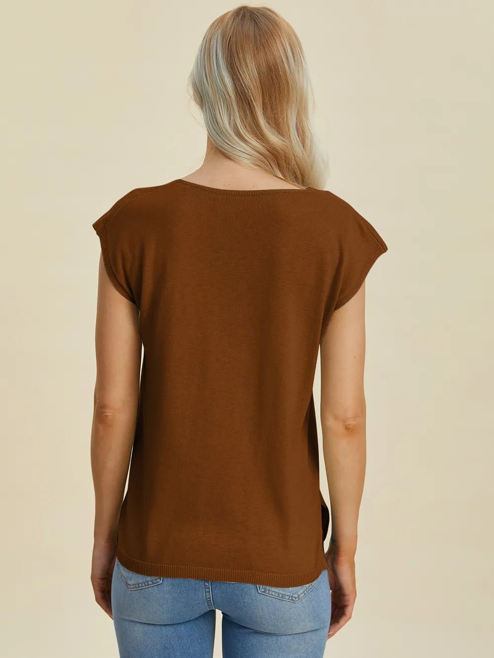 Double Take Full Size Notched Cap Sleeve Knit Top - Lookzlike