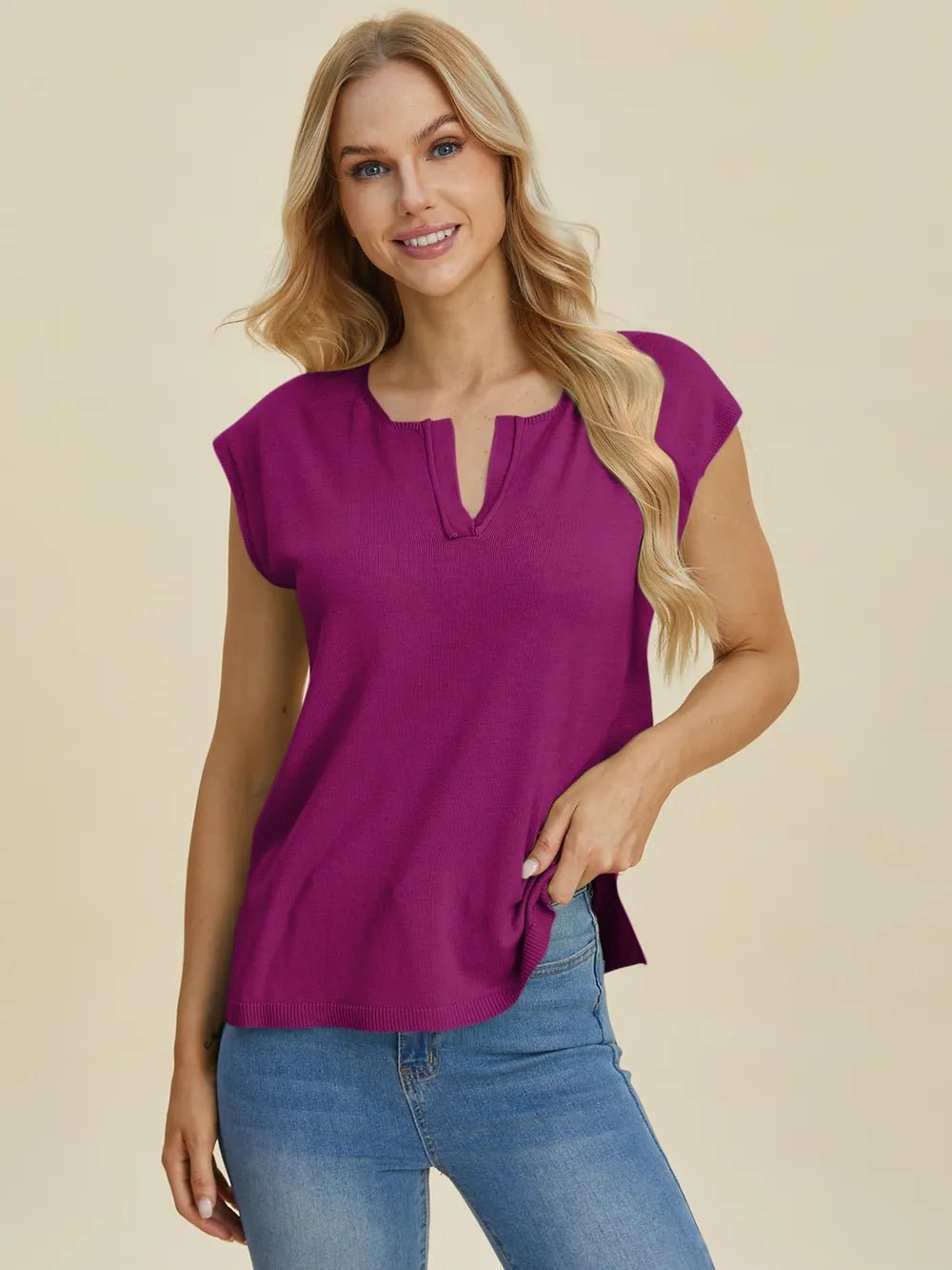 Double Take Full Size Notched Cap Sleeve Knit Top - Lookzlike