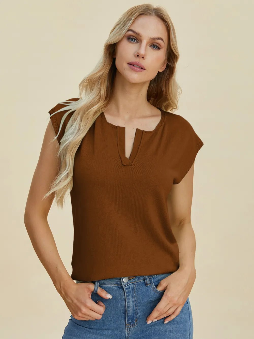 Double Take Full Size Notched Cap Sleeve Knit Top - Lookzlike