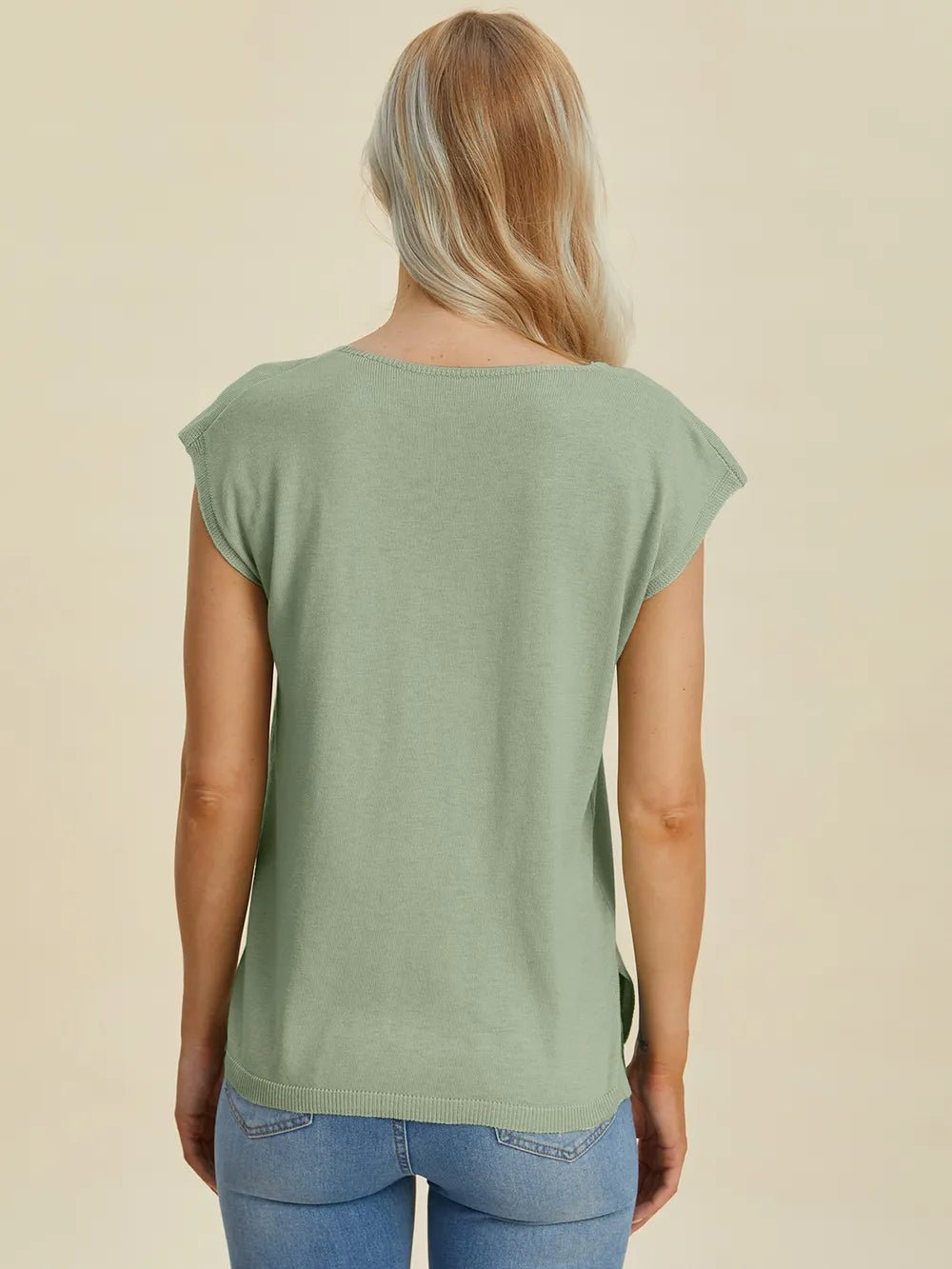 Double Take Full Size Notched Cap Sleeve Knit Top - Lookzlike