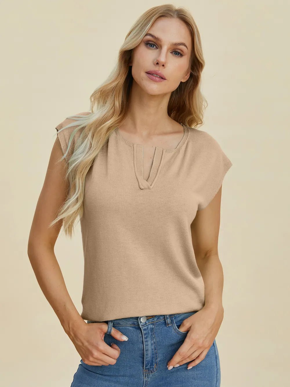 Double Take Full Size Notched Cap Sleeve Knit Top - Lookzlike