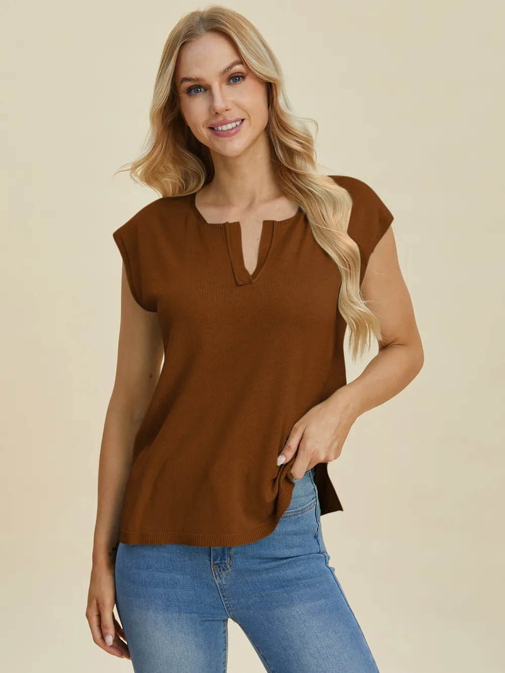 Double Take Full Size Notched Cap Sleeve Knit Top - Lookzlike