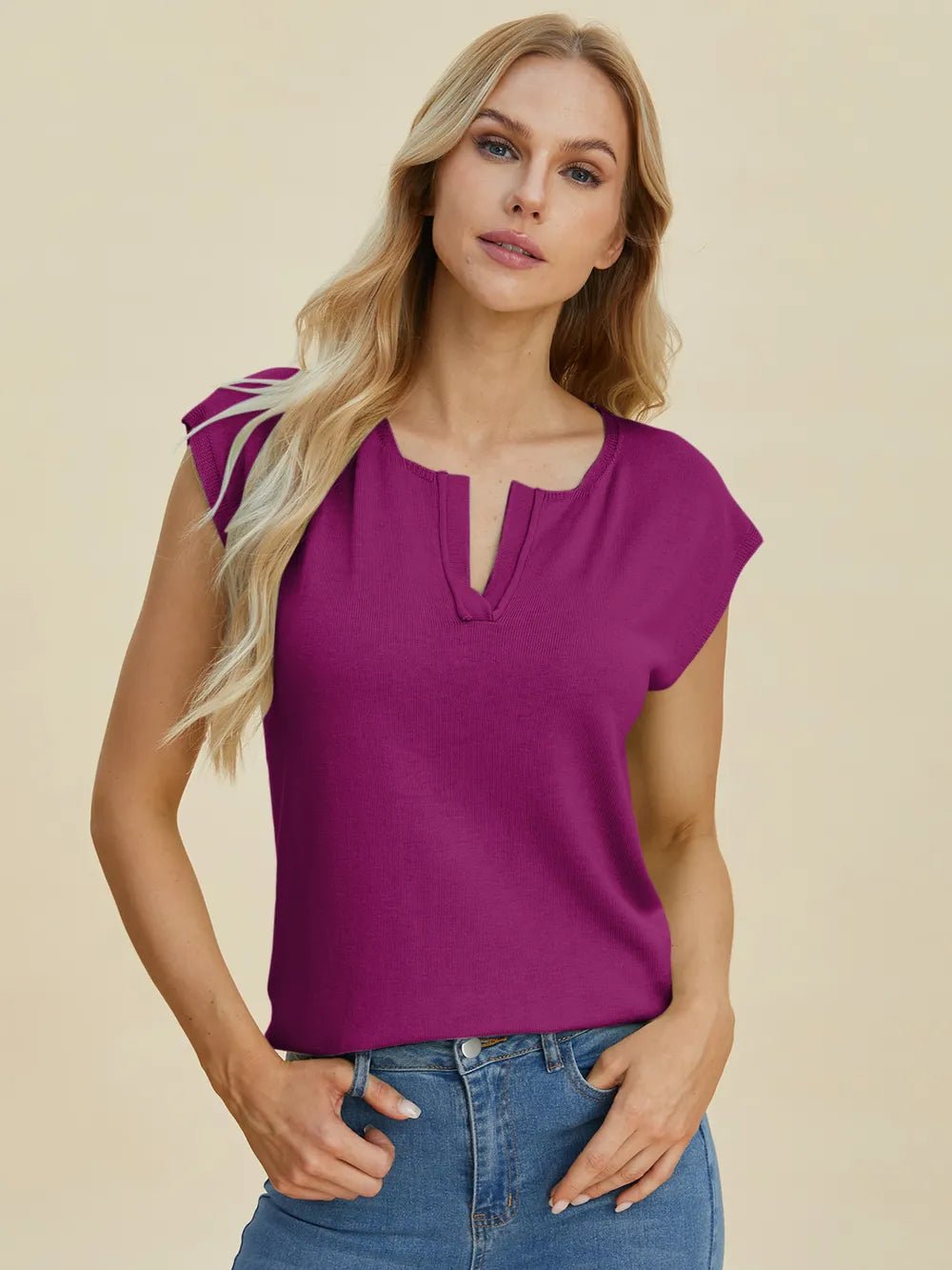 Double Take Full Size Notched Cap Sleeve Knit Top - Lookzlike