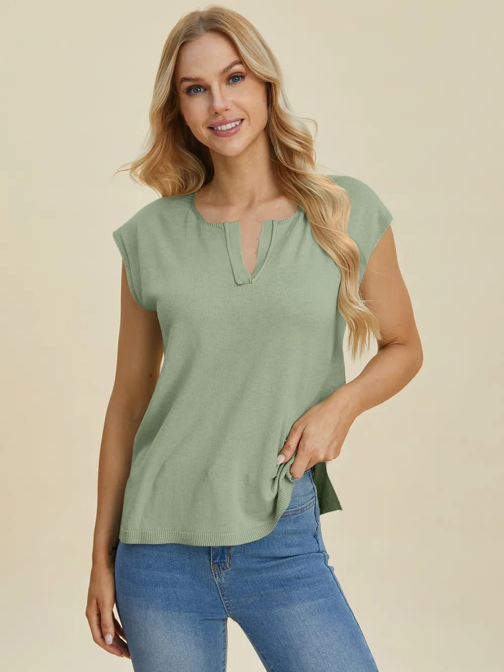 Double Take Full Size Notched Cap Sleeve Knit Top - Lookzlike