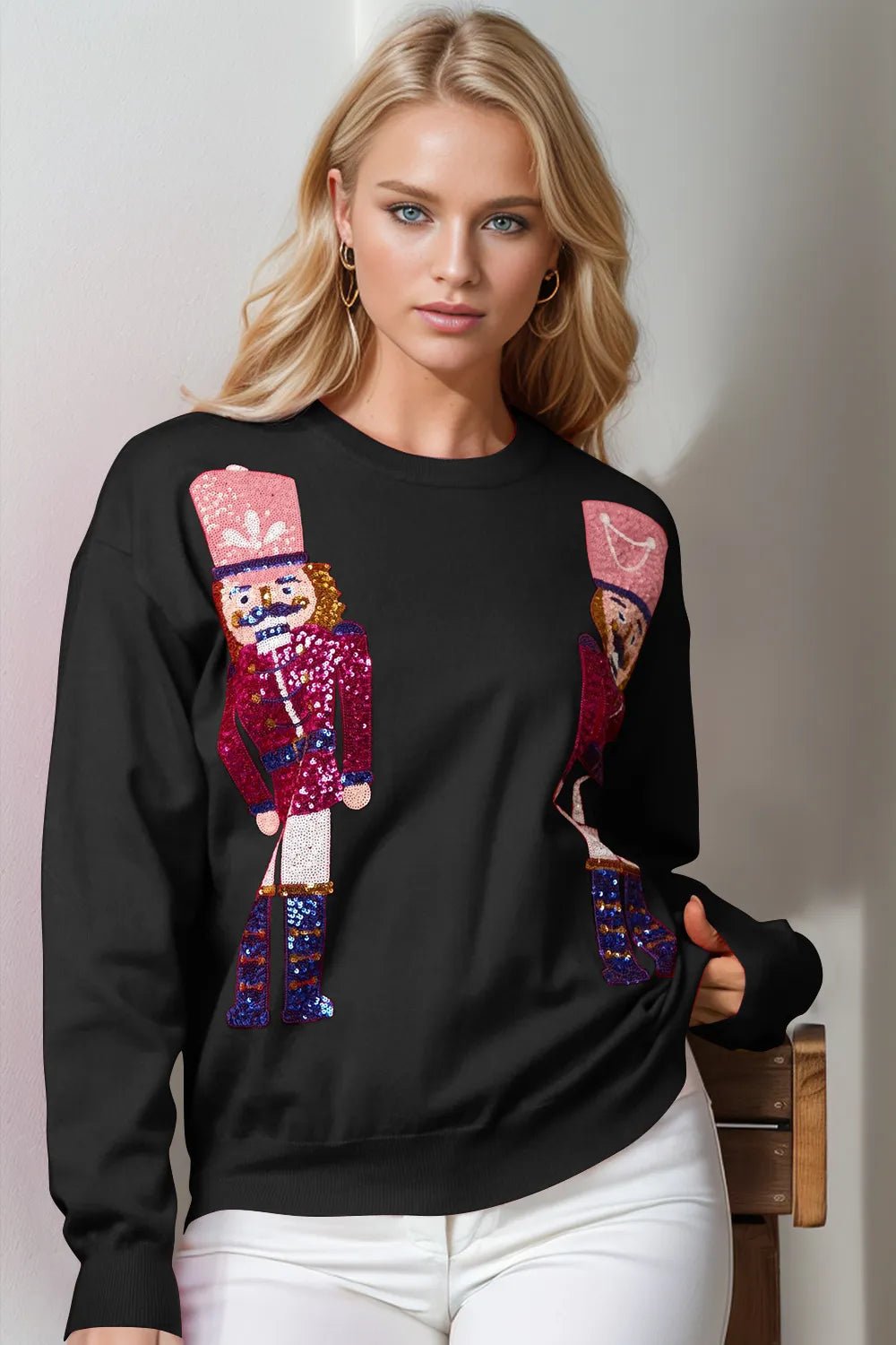 Double Take Full Size Nutcracker Sequin Long Sleeve Sweater designed for comfort and style at Lookzlike
