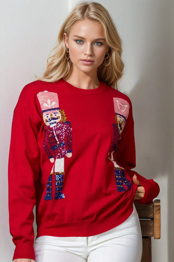 Double Take Full Size Nutcracker Sequin Long Sleeve Sweater designed for comfort and style at Lookzlike