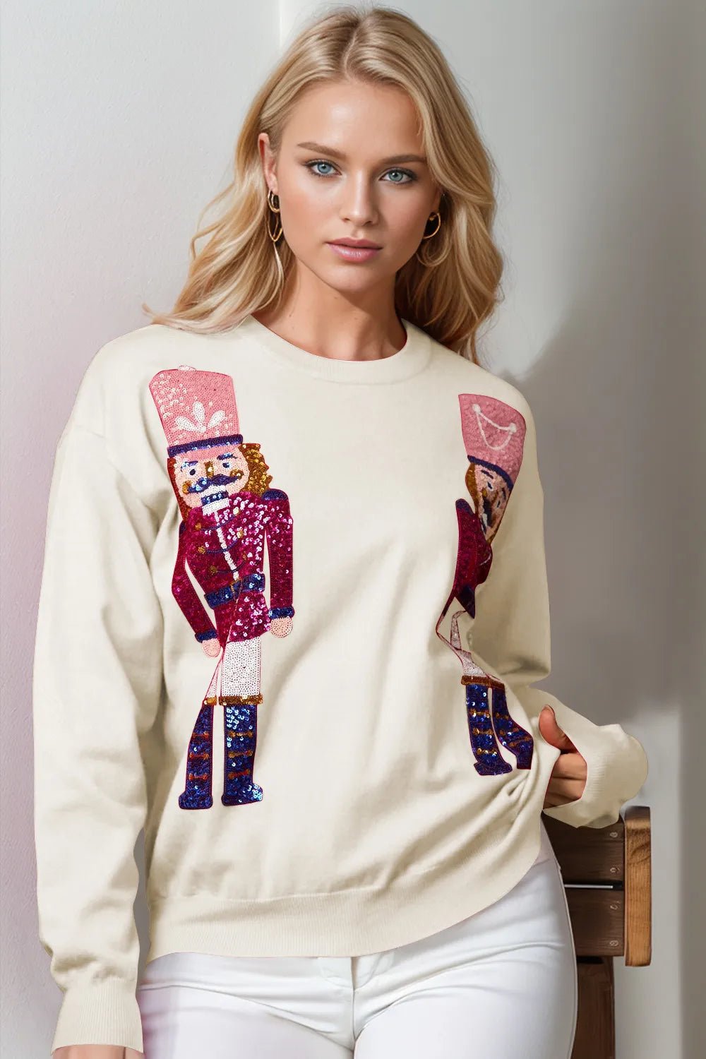 Double Take Full Size Nutcracker Sequin Long Sleeve Sweater designed for comfort and style at Lookzlike