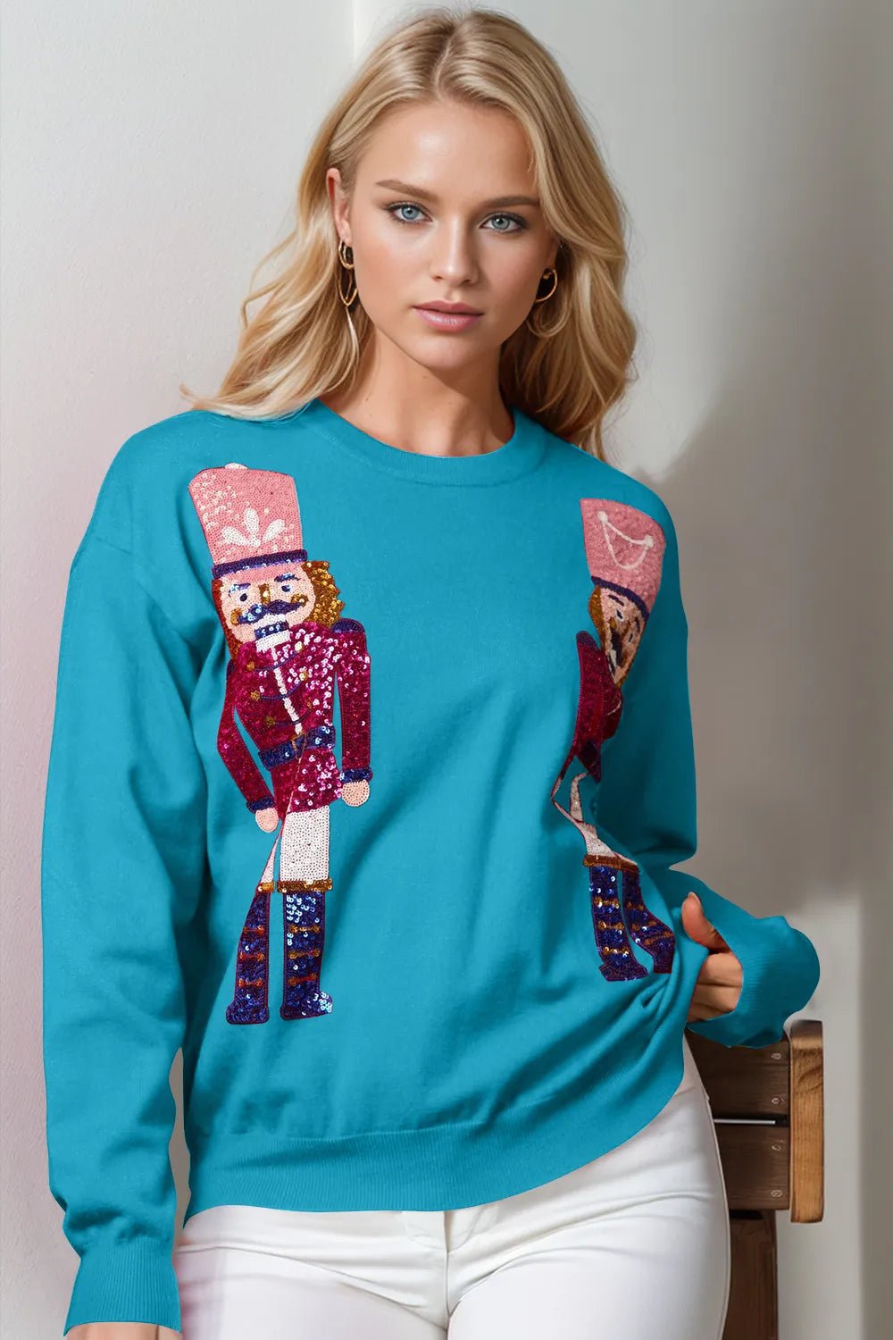 Double Take Full Size Nutcracker Sequin Long Sleeve Sweater designed for comfort and style at Lookzlike
