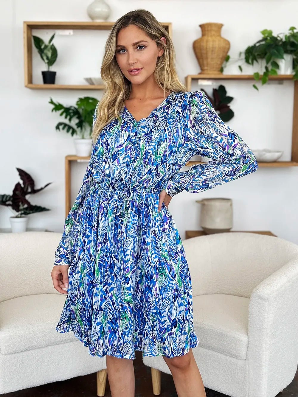 Double Take Full Size Printed Drawstring Waist Long Sleeve Dress designed for comfort and style at Lookzlike