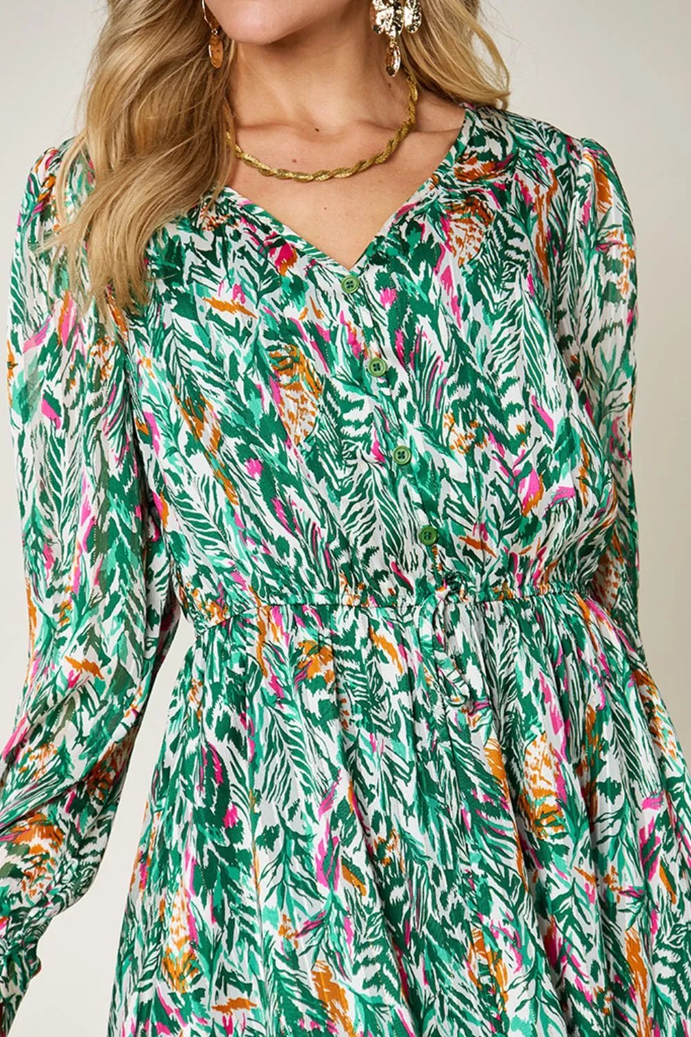 Double Take Full Size Printed Drawstring Waist Long Sleeve Dress designed for comfort and style at Lookzlike