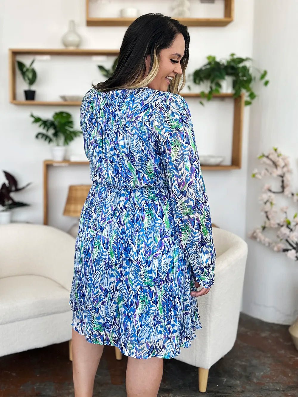 Double Take Full Size Printed Drawstring Waist Long Sleeve Dress designed for comfort and style at Lookzlike