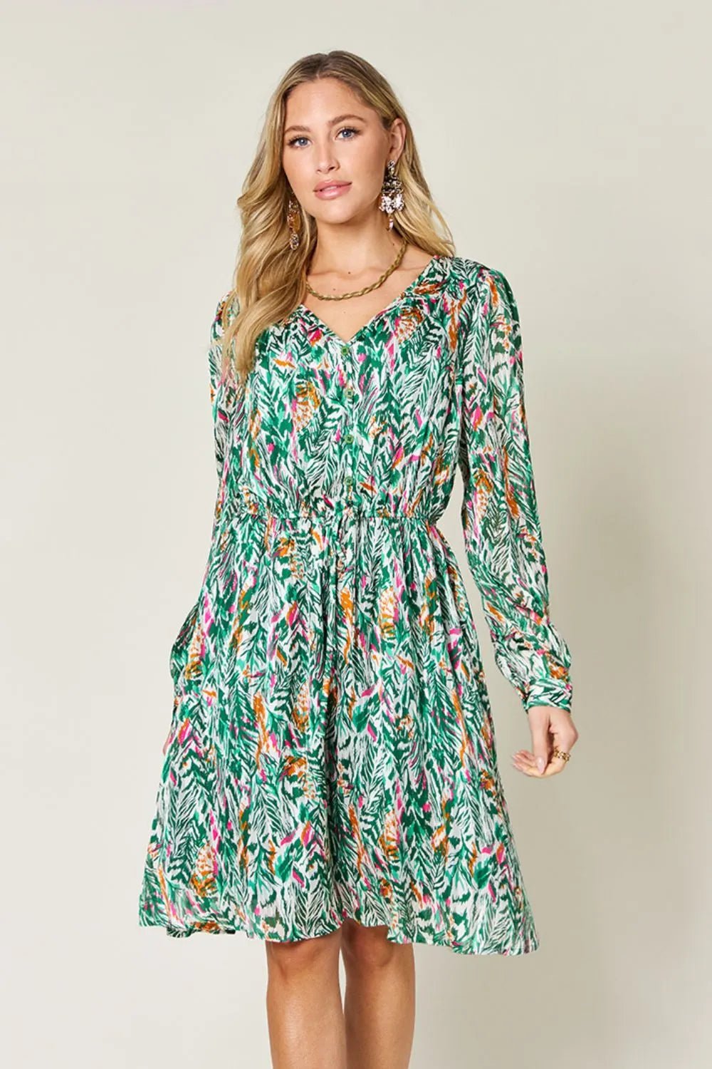 Double Take Full Size Printed Drawstring Waist Long Sleeve Dress designed for comfort and style at Lookzlike