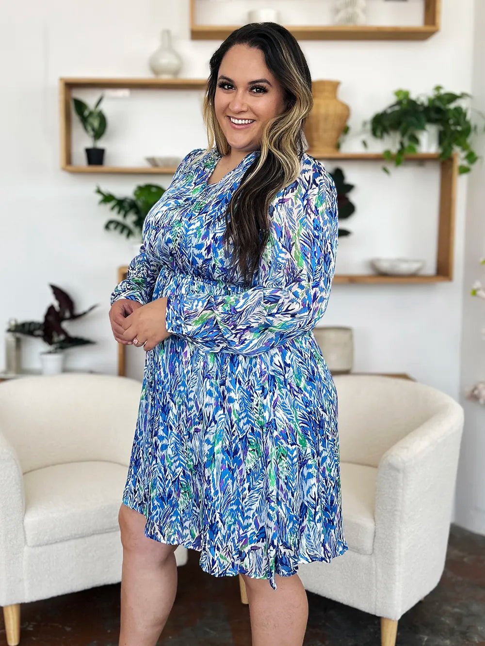 Double Take Full Size Printed Drawstring Waist Long Sleeve Dress designed for comfort and style at Lookzlike