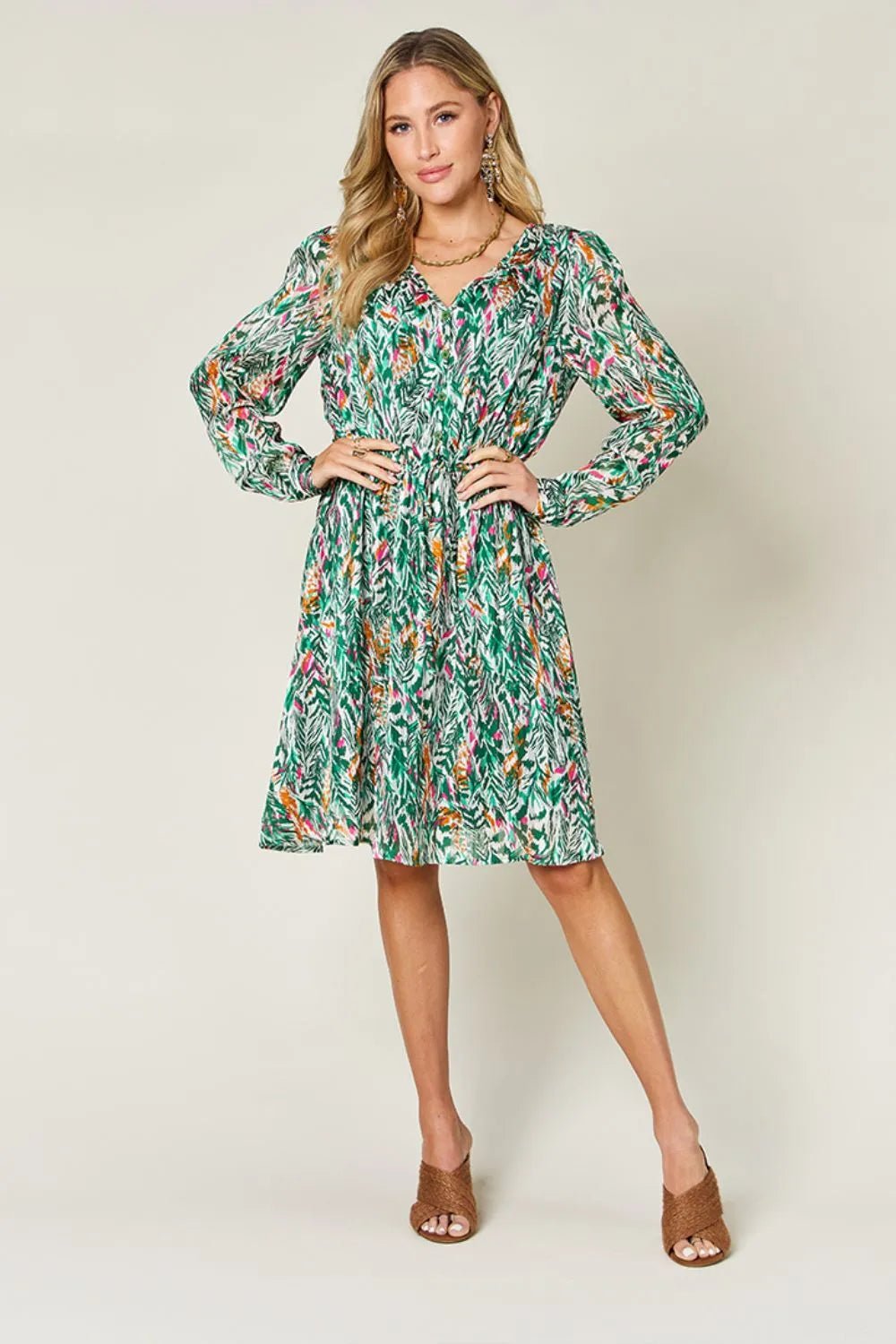 Double Take Full Size Printed Drawstring Waist Long Sleeve Dress designed for comfort and style at Lookzlike