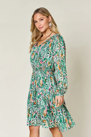 Double Take Full Size Printed Drawstring Waist Long Sleeve Dress designed for comfort and style at Lookzlike