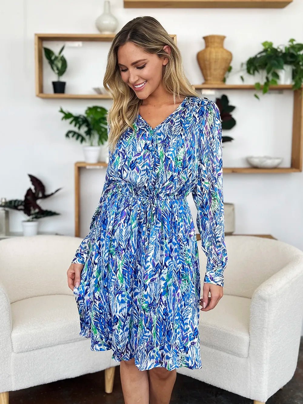 Double Take Full Size Printed Drawstring Waist Long Sleeve Dress designed for comfort and style at Lookzlike
