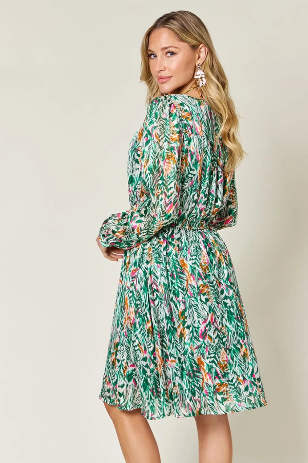 Double Take Full Size Printed Drawstring Waist Long Sleeve Dress designed for comfort and style at Lookzlike