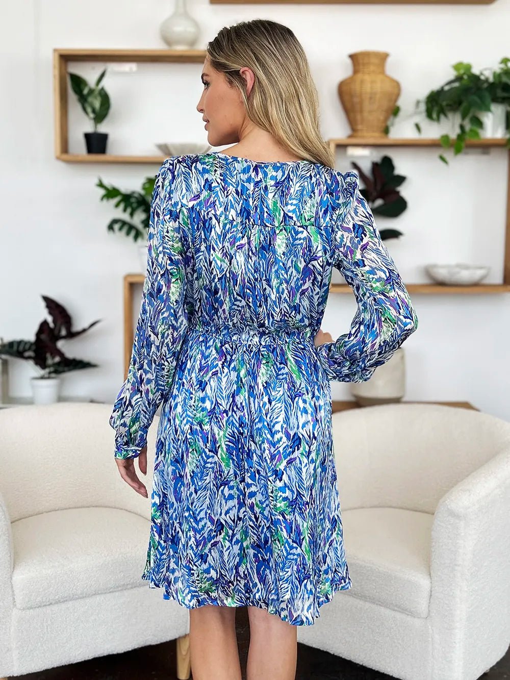 Double Take Full Size Printed Drawstring Waist Long Sleeve Dress designed for comfort and style at Lookzlike