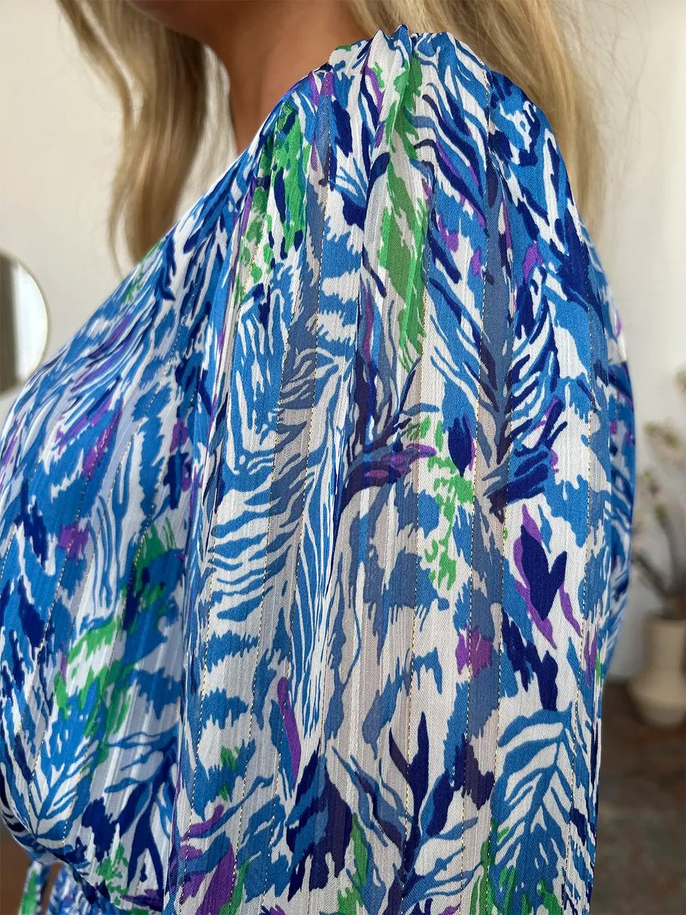 Double Take Full Size Printed Drawstring Waist Long Sleeve Dress designed for comfort and style at Lookzlike