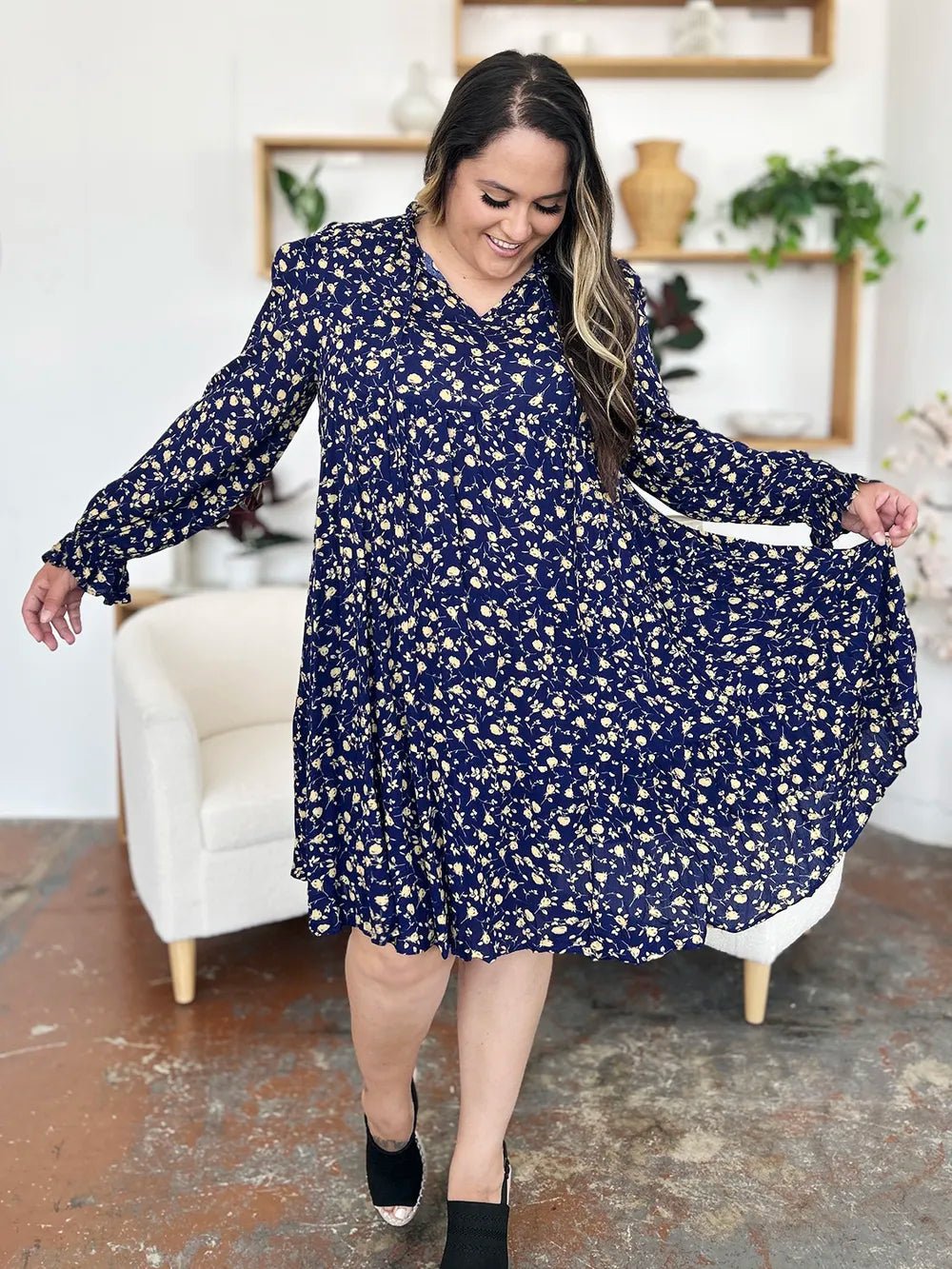 Double Take Full Size Printed Ruffle Hem Long Sleeve Tiered Dress - Lookzlike