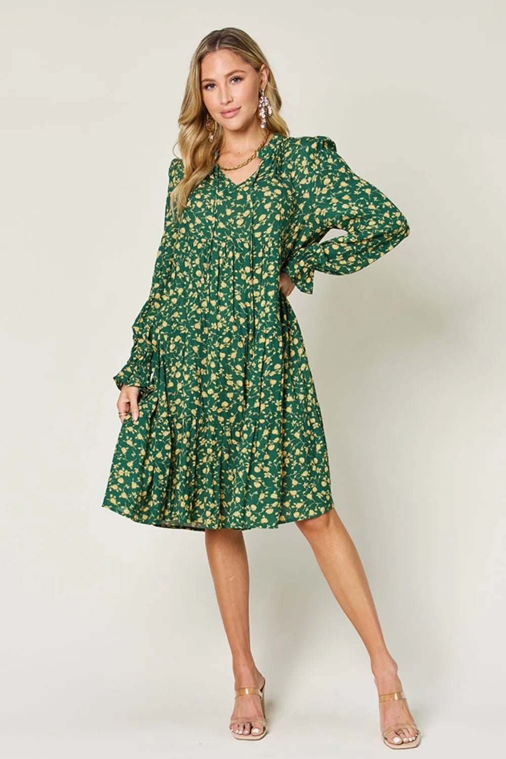 Double Take Full Size Printed Ruffle Hem Long Sleeve Tiered Dress - Lookzlike