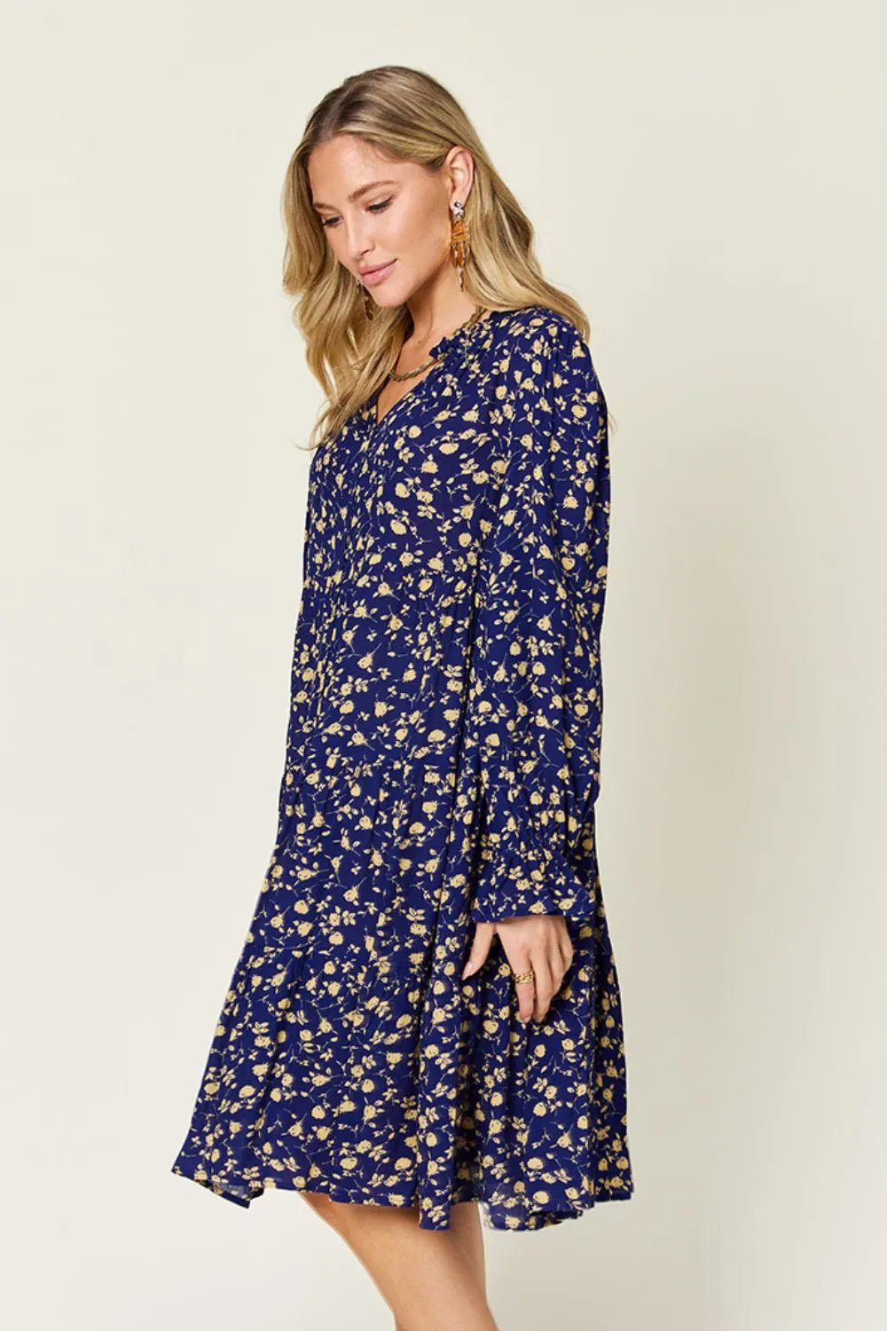 Double Take Full Size Printed Ruffle Hem Long Sleeve Tiered Dress - Lookzlike