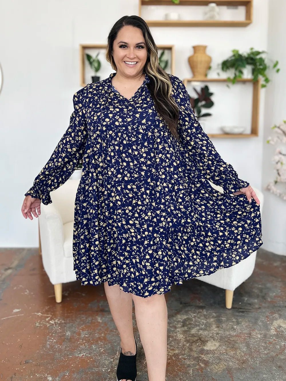 Double Take Full Size Printed Ruffle Hem Long Sleeve Tiered Dress - Lookzlike