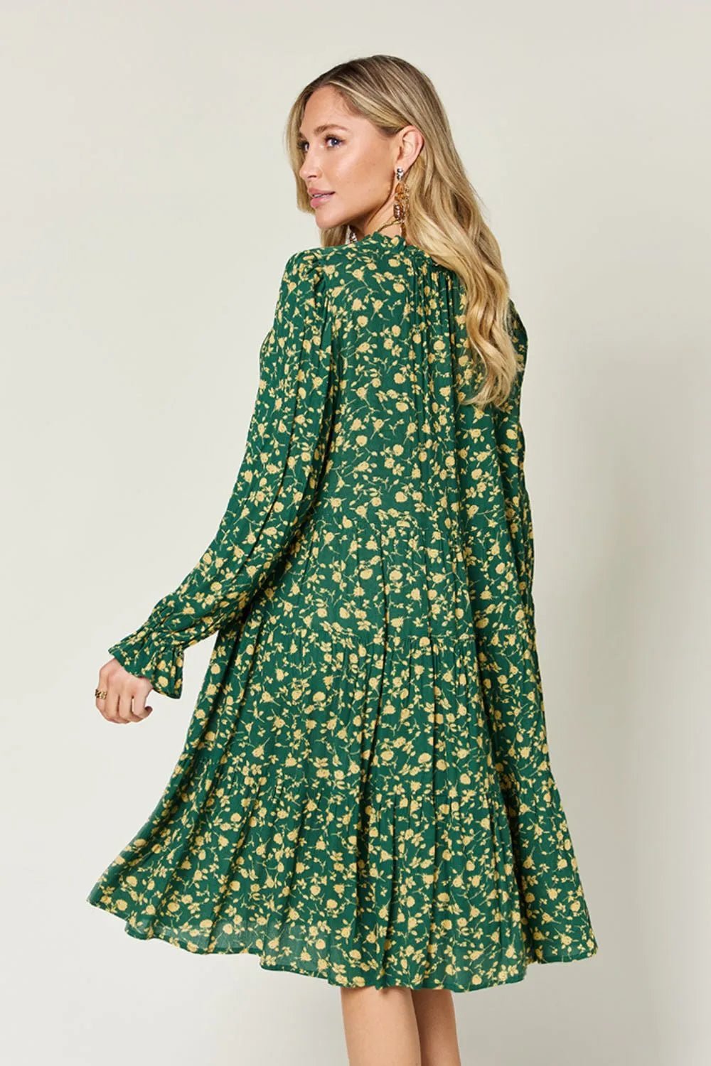 Double Take Full Size Printed Ruffle Hem Long Sleeve Tiered Dress - Lookzlike