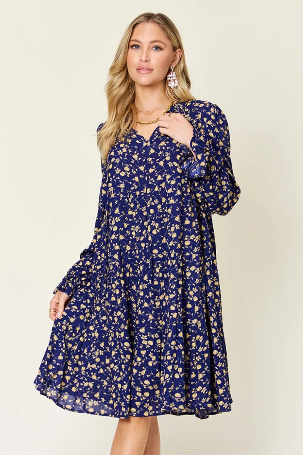 Double Take Full Size Printed Ruffle Hem Long Sleeve Tiered Dress - Lookzlike