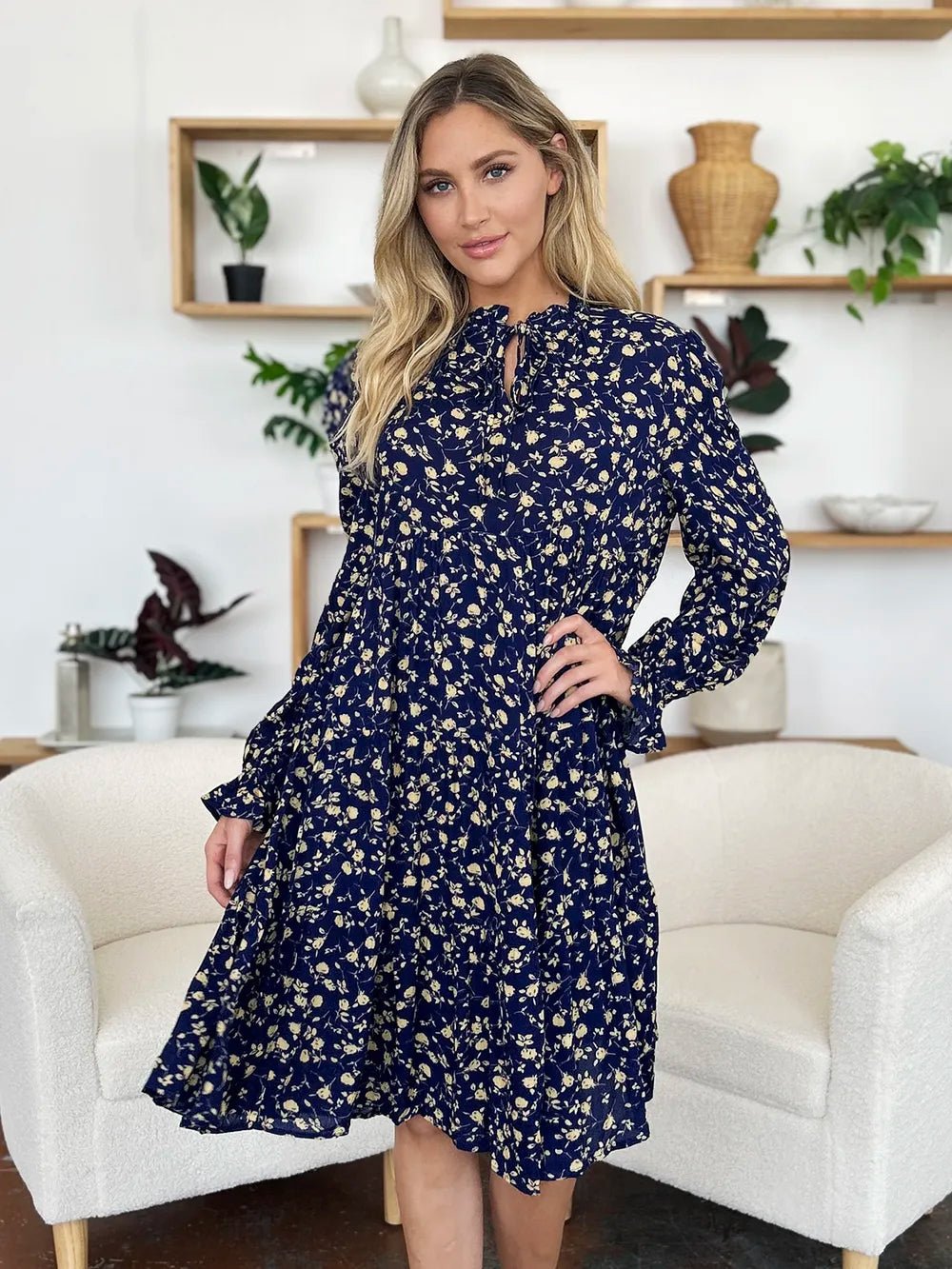 Double Take Full Size Printed Ruffle Hem Long Sleeve Tiered Dress - Lookzlike