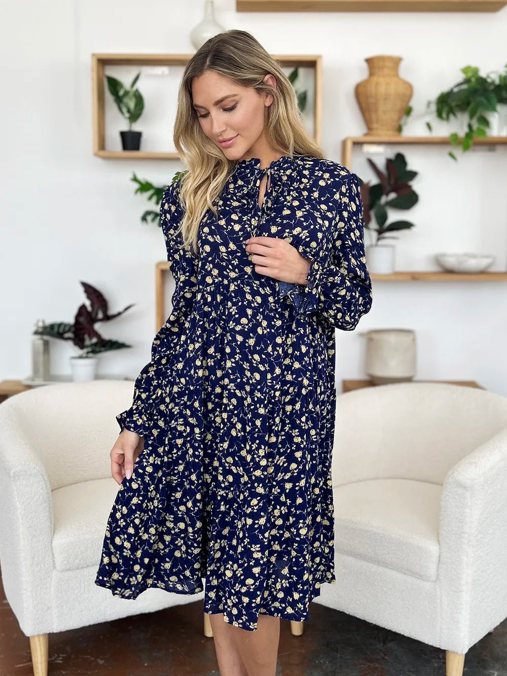 Double Take Full Size Printed Ruffle Hem Long Sleeve Tiered Dress - Lookzlike