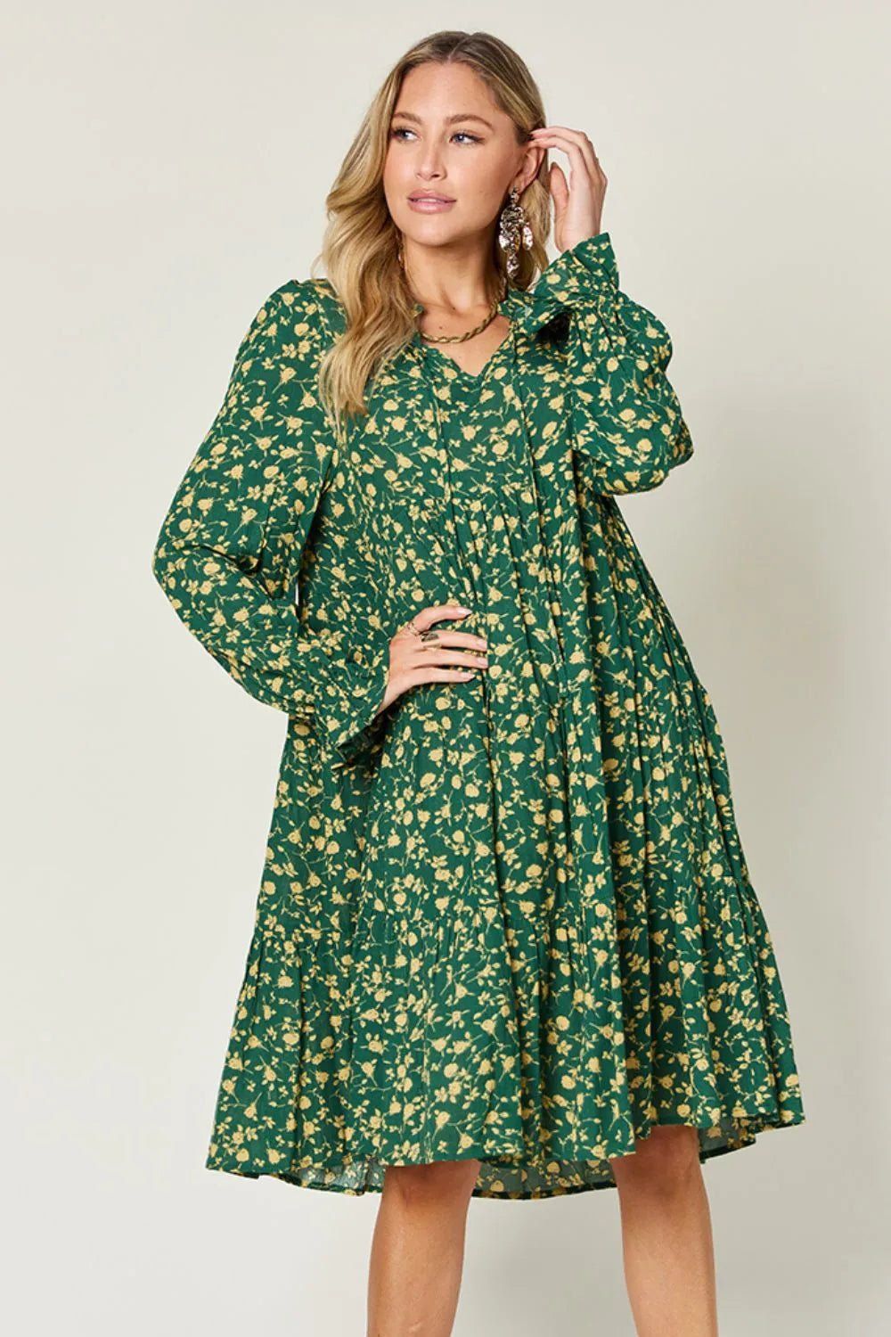 Double Take Full Size Printed Ruffle Hem Long Sleeve Tiered Dress - Lookzlike