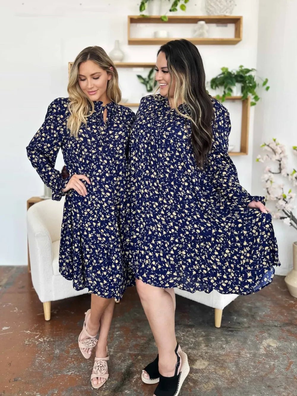 Double Take Full Size Printed Ruffle Hem Long Sleeve Tiered Dress - Lookzlike