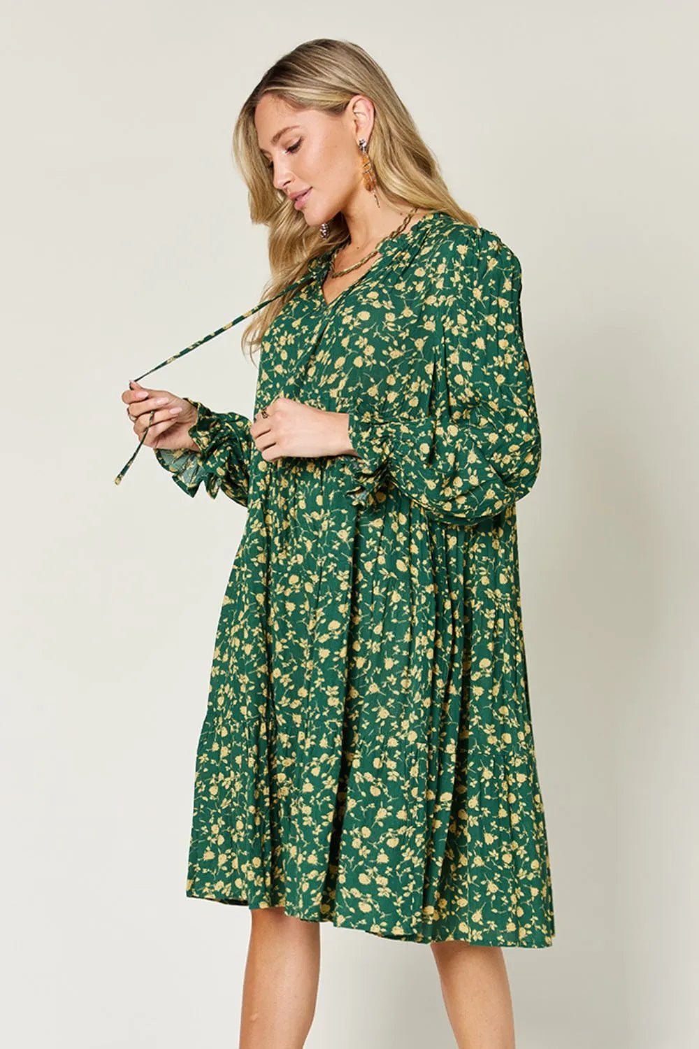 Double Take Full Size Printed Ruffle Hem Long Sleeve Tiered Dress - Lookzlike