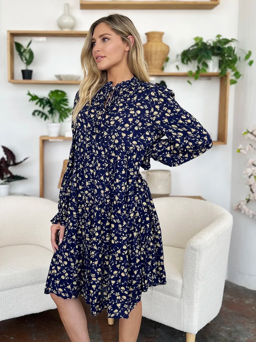 Double Take Full Size Printed Ruffle Hem Long Sleeve Tiered Dress - Lookzlike