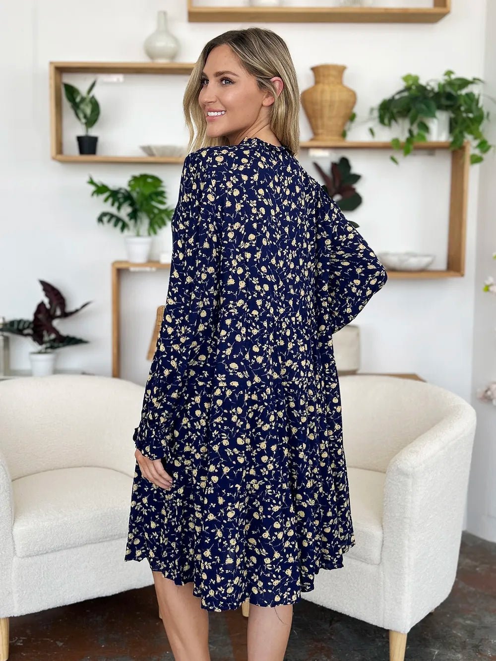 Double Take Full Size Printed Ruffle Hem Long Sleeve Tiered Dress - Lookzlike
