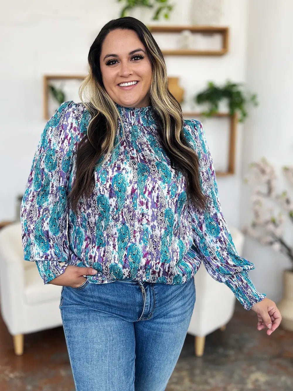 Double Take Full Size Printed Smocked Long Sleeve Blouse - Lookzlike