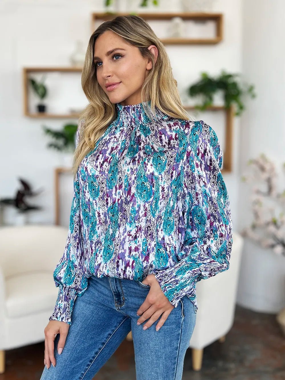 Double Take Full Size Printed Smocked Long Sleeve Blouse - Lookzlike