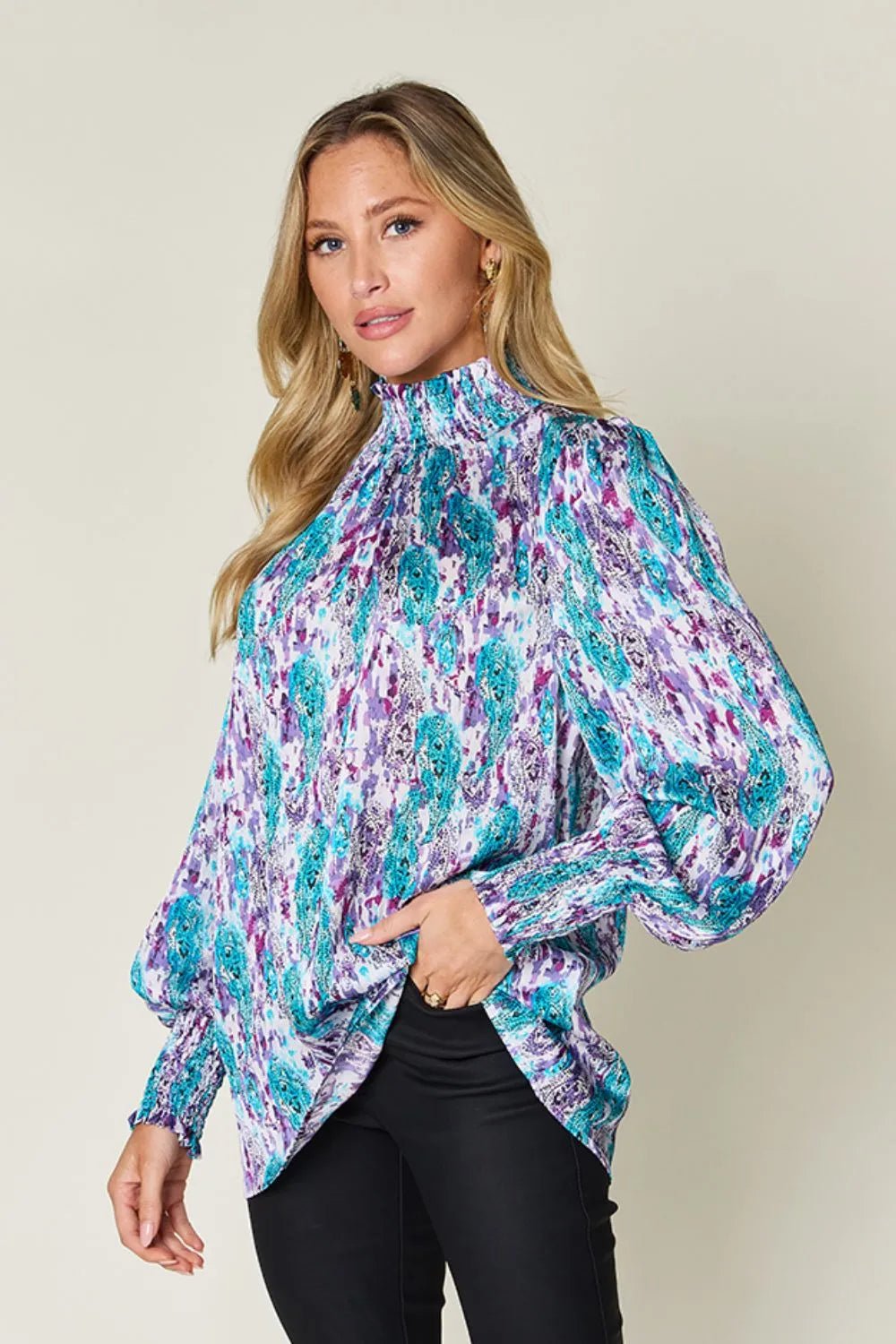 Double Take Full Size Printed Smocked Long Sleeve Blouse - Lookzlike
