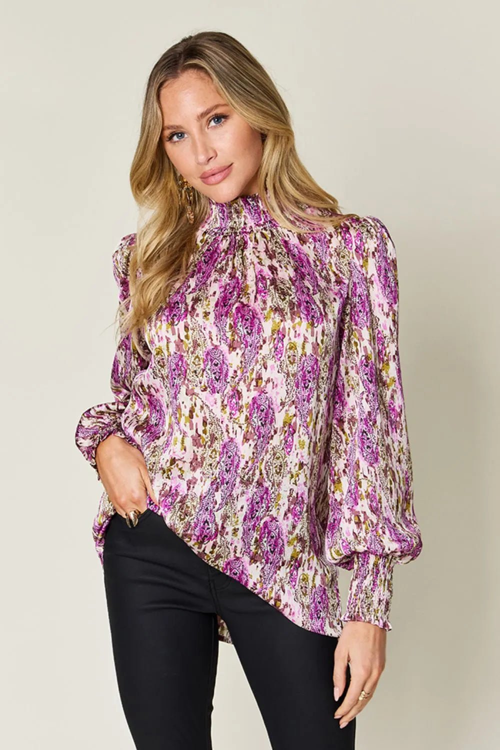 Double Take Full Size Printed Smocked Long Sleeve Blouse - Lookzlike