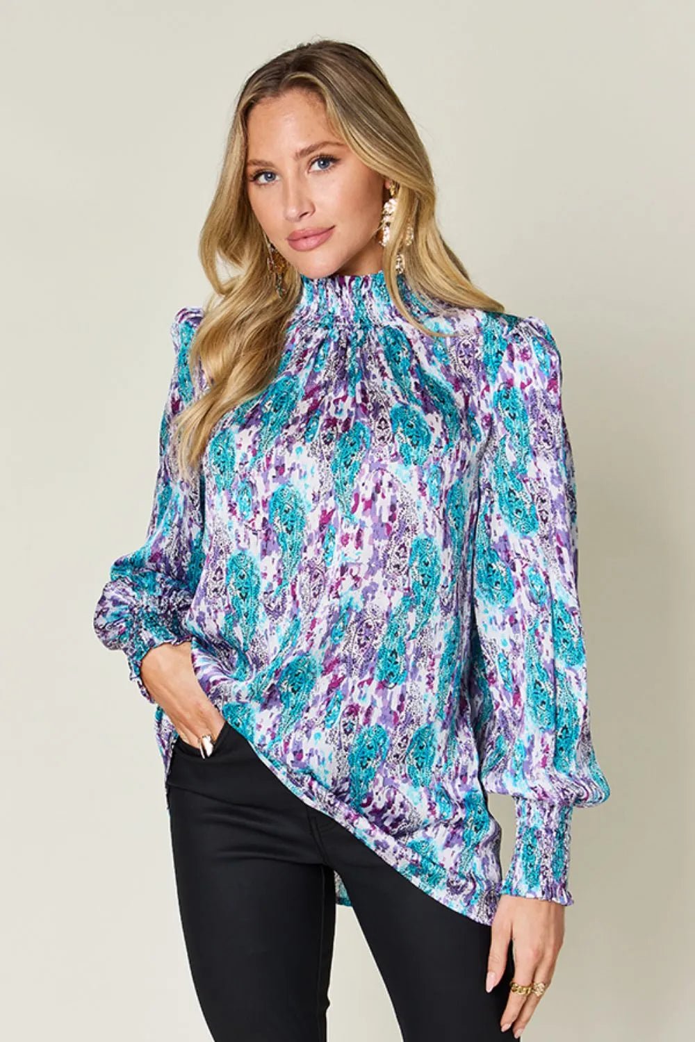 Double Take Full Size Printed Smocked Long Sleeve Blouse - Lookzlike